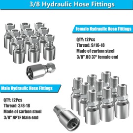 24PCS 3/8" NPTF Male & 3/8" JIC 37° Female Hydraulic Hose Fittings, Hydraulic Hose Crimp Fitting Ends for Air Hose Repair Kit