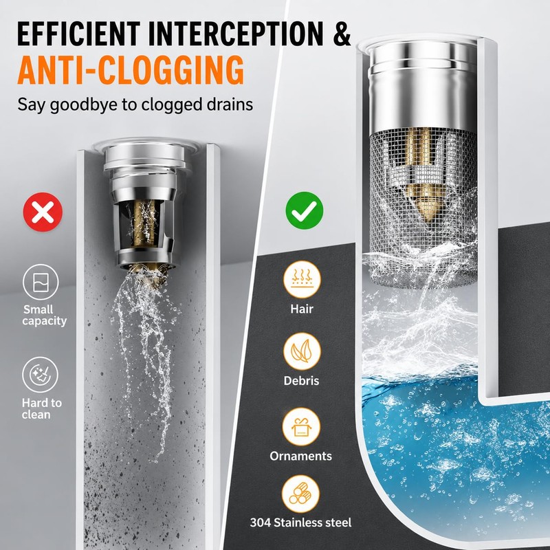 Bathroom Sink Stopper, Universal Drain Filter with Hair Strainer, Universal