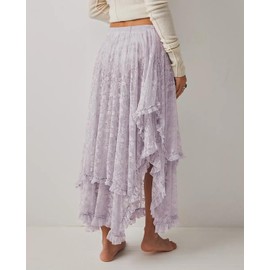 R.Vivimos Women's Summer Boho Lace Beach Cover Up Maxi Skirt Transparent Swing Ruffle Irregular Hem Long Skirts, purple