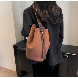 Women Suede Bucket Bag 2024 Fall Vintage Shoulder Handbag Style PU Leather Strap Tote Large Capacity Work Purses
