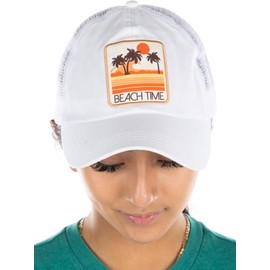 Funky Junque Gorra de béisbol unisex de malla envejecida con parche vintage, Beach Time - Blanco, Talla única
