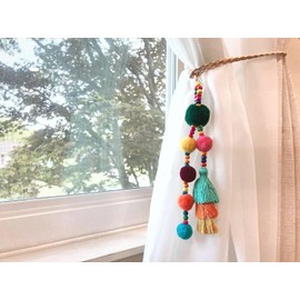 Alzapaños de cortina bohemios de decoración bohemia, 2 unidades, decoración de pompones y borlas, cortinas bohemias, decoración de sala de estar, cortinas con abalorio, alzapaños coloridos