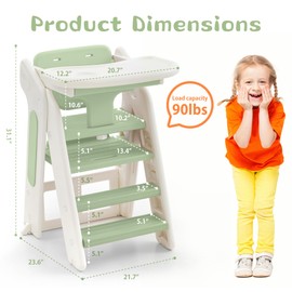 4-in-1 Convertible Toddler Step Stool, Adjustable Height Toddler Tower, Foldable Standing Tower with Safety Fence & Removable Dining Tray, Kids Step Stool for Kitchen Counter Bathroom Sink (Green)