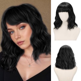 HomeChi Peluca Ondulado para Mujer, Peluca Sintética Natural Hasta Los Hombros, Peluca Rizada Suave y Transpirable con Flequillo para Cosplay Diario Navidad Cumpleaños Fiestas, Negro