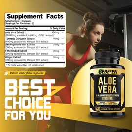 Aloe Vera Extract Capsules 81100mg - 200x Concentrate Formula with Turmeric, Ginger, Fennel - Antioxidant Activity & Healthy Digestion & Skin Support - 2 Months Supply