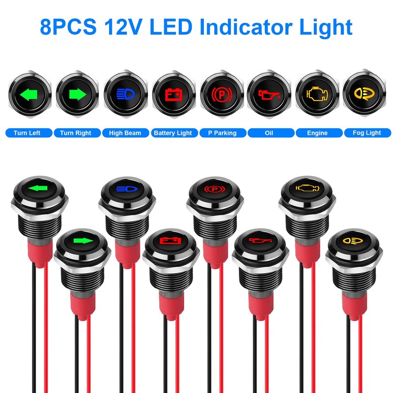 Linkstyle 8Pcs 1/2" 12V LED Indicator Light, Waterproof Metal Pilot