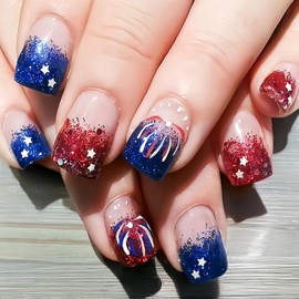 24Pcs Independence Day Press on Nails Short Square Fake Nails with Star Firework Designs Red Blue Glitter French Tip False Nails Bling Reusable Acrylic Nails 4th of July Stick on Nails for Women Girl