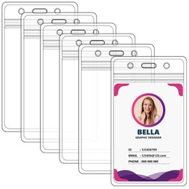 6 Pack Plastic Card Holder for Lanyard, Vertical Clear ID Card Holder with Waterproof Resealable Zip, Clear Badge Sleeve for Nurses, Office and School - E51