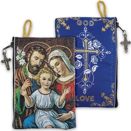 TREE OF LIFE REV. 22:14 Catholic Rosary Pouch, Holy Family & God is Love, 4" x 6" Jewelry & Coin Purse with Cross, Small Woven Tapestry Icon Bag, Bolsa de Rosario Católico para Joyería