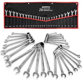 Egofine 26pcs Ratchet Wrenches Set, Wrench Set Metric and Standard, Combination Wrench Sets, CR-V Steel 6-19mm, 1/4" to 3/4" 72-Tooth, with Tool Roll Bag