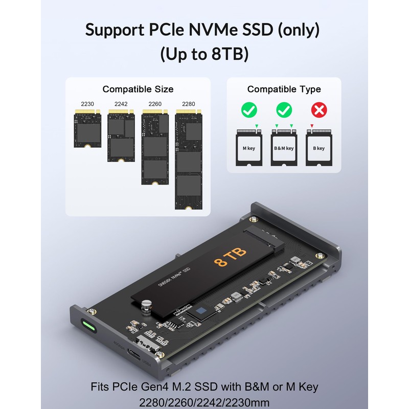 Fanless Speedy 40Gbps M.2 NVMe SSD Enclosure, USB4/Thunderbolt 4 Aluminum