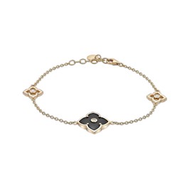 Lavari Jewelers Black Onyx and Cubic Zirconia Flower Bracelet for Women in 925 Sterling Silver with Yellow Gold Plating 7 to 8 Inches Adjustable Lobster Claw