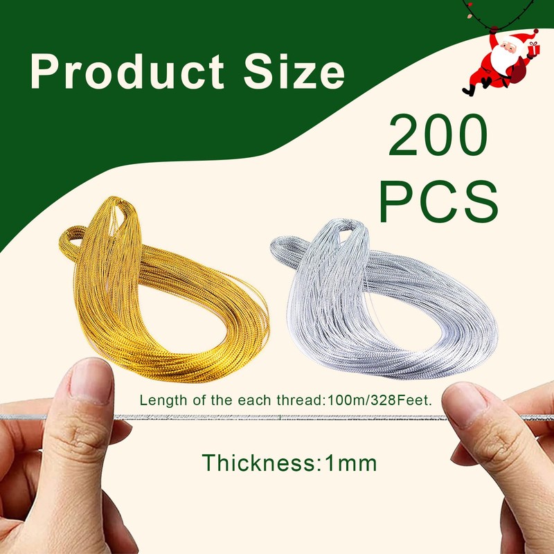 200M Gold Silver Twine String, Christmas Silver and Gold Thread