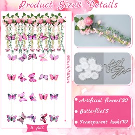 Giegxin 5 Pcs Wisteria Hanging Garland Artificial Flowers Vine Decor for Backdrop Ceiling Fairy Party Decoration 4.92ft Vine Greenery Peony Butterfly Decor Floating Floral Backdrop for Wedding Party