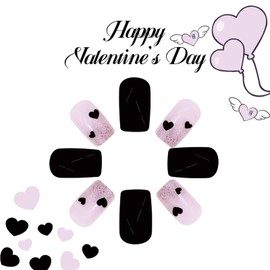 Black Love Heart Press on Nails Short Square Valentines Fake Nails with Black Love Heart Design Silver Glitter False Nails Valentine Glue on Nails Artificial Stick on Nails for Women Girls 24Pcs
