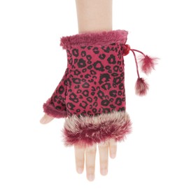 ZLYC Women Winter Faux Fur Half Finger Gloves Girls Warm Fingerless Mittens (Leopard Red),M