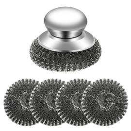 5Pcs Steel Wool Scrubber with Handle - Stainless Steel Scouring Pads Set for Cast Iron, Pans, Grill, Sink Cleaning(1 Scrubber+4 Pads)