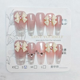 Press on Nails Long MouyouGlow, Ballerina Ombre Pink 3D Bow Tie Bow Tie Rhinestone Cat Eye Magnetic Pink Fake Nails with Nail Glue, Y2K Coquette Artificial Fingernails, Pack of 10 301-XS