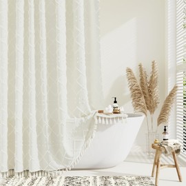 Dynamene Dynamene Stall Fabric Shower Curtain, 36x72 inch Half Boho Tufted Geometric Striped Small Cloth Shower Curtains for Bathroom, Narrow Thick Waterproof Polyester Shower Curtain Set with 6 Hooks, Cream