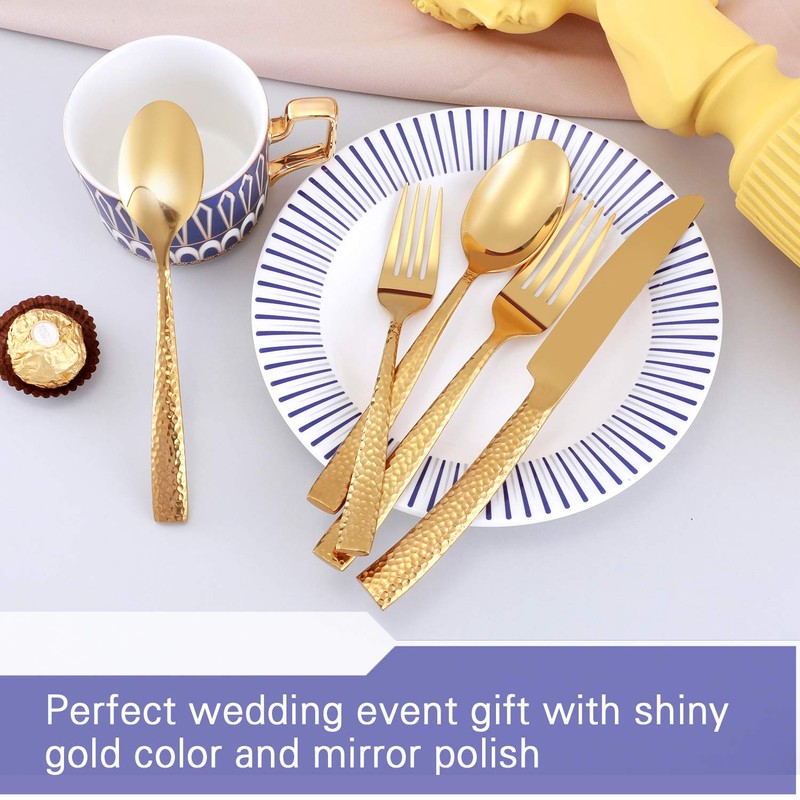 Kelenfer Silverware Set Flatware Set Gold Hammered Handle Cutlery Set