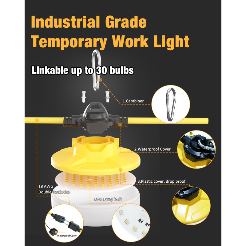 JC-LGL LED Construction String Light 50FT, 65W 8000Lm Industrial LED