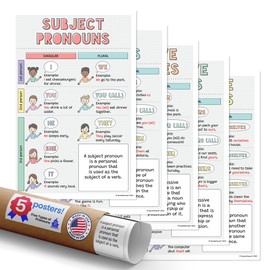 Quarterhouse 5 Poster Five Types of Pronouns Set, English Classroom Learning Materials for K-12 Students and Teachers, 12 x 18 Inches, Made in USA