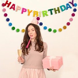 FDHBDF Garland Pompom Birthday Decoration Happy Birthday Garland Coloured Pompoms Banner Pull Birthday Wreath Birthday Celebrations