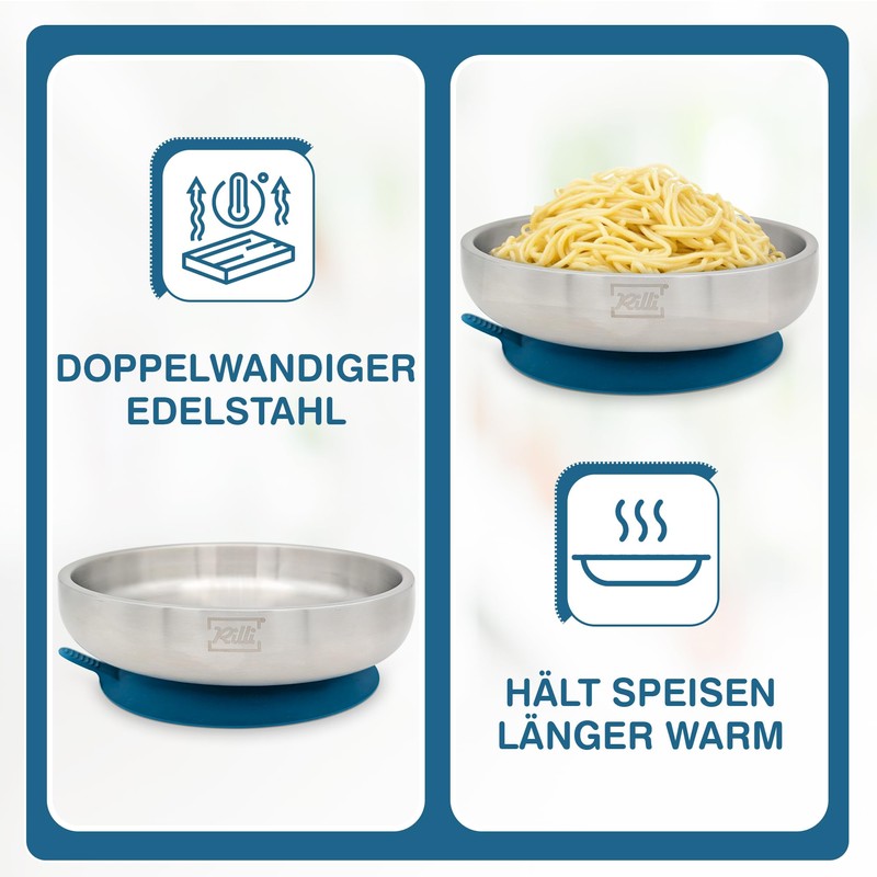 Rilli Stainless Steel Suction Cup Plate Deep, Non-Slip Baby Tableware,