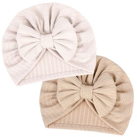 LECTNORE 2 Pieces Newborn Baby Hat, Soft Stretchy Baby Turban Hat, Infant Girls Boys Hat, Nursery Hospital Hat for Newborns, Toddlers, Cream white/light brown
