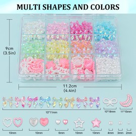 600 Pcs 3D Nail Charms and Flatback Pearls Set 11, 8 Colors Shiny Nail Bows Charm + Pink&White Star Heart Moon Nail Jewels + 2-4mm White Nail Pearls for Nail Art DIY Decoration with Pickup Tools