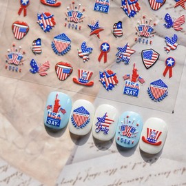 Independence Day Nail Stickers 5D Embossed Red Blue Shield Summer Nail Decals Self-Adhesive Peace Dove Uncle Sam Hat Nails Designs 4th of July Nails Decoration for Women Manicure 1 Sheet