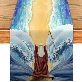 Passover Table Runner Jewish Festival Holiday Kitchen Dining Table Centerpiece Pesach The Red Sea Decor Green Gold Happy Passover Decorations for Home Party-72 Inches Long
