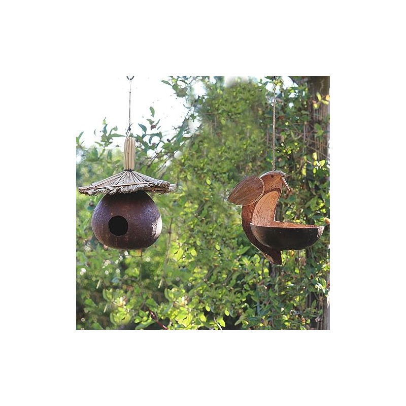 Original Bali Coconut Bird House and Feeder Decoration for Garden,