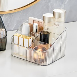 OSteed Organizador de maquillaje transparente, soporte para brochas de maquillaje, 5 tazas para cambiador, organizador de encimera de baño, organizador de cambiador para exhibiciones de cosméticos,