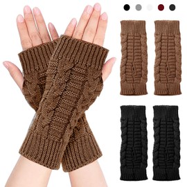 LUKIUP 2 Pairs Fashion Fingerless Gloves for Women, Winter Knitted Gloves, Warm Short Half Hand Warmers, Fingerless Gloves Knitted Mittens, Unisex, Black + Khaki