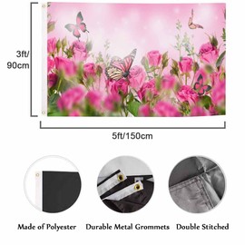 Swono Pink Roses Flag 3X5 Ft Butterflies Garden Flowers Floral Flag Outdoor Flag Garden Yard Outdoor Outside Decorative Flag