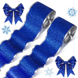 2 Rolls 20 Yards Christmas Wired Ribbons Blue Glitter Ribbon Metallic Wired Ribbon Craft Gift Wrapping Christmas Tree Ribbon for DIY Xmas Party Bows Decorations Supplies (Blue, 2.5 Inches)