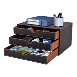 XNONE PU Leather Desk Organizer with 3 Drawers,Executive Office Supplies Desktop Filing A4 File Cabinet/Holder for Jewelry/Bill/Paper/Documents/Makeup Home Decor Stationery Storage Box,Brown