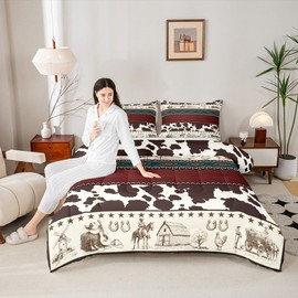 Brown Abstract Cowhide Comforter Set Rustic Farmhouse Spliced Stripes Bedding Set Queen Size West Cowboy Horse Animals Quilted Duvet for Boys Teens Kids Adults Vintage Tribal Bedspread 3pcs