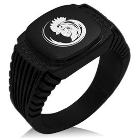 Tioneer Black IP Plated Stainless Steel Tribal Rooster Black Cubic Zirconia Ribbed Needle Stripe Pattern Biker Style Polished Ring, Size 10