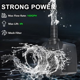 Knifel 160GPH 10W Submersible Water Pump, 10ft Power Cord & Wire hose