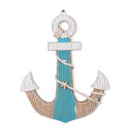 Asense Wall Hanging Art Wooden Anchor with Rope Nautical Themed Wall Decor Ornament Beach Theme Home Decoration, 9.8 x 12.2 in - Blue