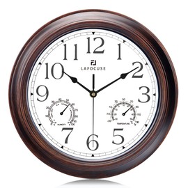 Lafocuse Mahogany Color Retro Wall Clock with Thermometer and Hygrometer, Horloge Murale Kitchen Wall Clock for Home Decor 12 Inch Silent Living Room Bedroom Office