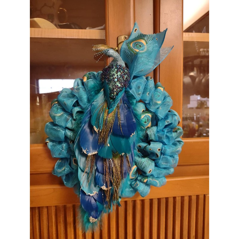 Glitter Blue Peacock Christmas Tree Ornaments with Clips 11inch Feathered