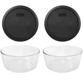 Pyrex (2 7203 Glass Bowls & (2) 7402-PC Black Lids Made in the USA