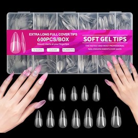 600PCS Transparente Uñas Postizas Para Manos，12 Tamaños Tips Para Uñas Soft Gels，Diy Soft Gel Tips，Sin Necesidad de Pulir, Uñas Soft Gel Con Caja Para
