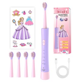 JTF Elektrische Zahnbürste Kinder ab 3 Jahre Schallzahnbürste mit 5 Putzmodi, 4 Bürstenköpfe, Intelligentem Timer, IPX7 Wasserdicht & DIY-Aufkleber Kinderzahnbürste für Mädchen