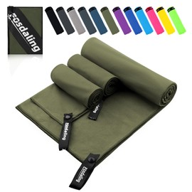 Fosdaling Microfibre Towel Set of 3 (Large 160 x 80 cm and 2 Small 80 x 40 cm), Quick-Drying Microfibre Fitness & Sports Towels, for Beach Towel, Bath Towel, Sports Towel and Travel Towel (Army Green)