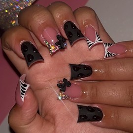 Duck Shaped Press on Nails Handmade Short Square Fake Nail 3D Bow Rhinestones Designs Black Duck Press on Stick on Nail French Tip Full Cover Acrylic Nails for Women Nail Art 24 Pcs