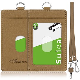 Aemicion Pass Case, Pass Holder, Reel Included, Strap, IC Card Case, Card Case, Leather, 2 Sided, Men's, Women's, Commuting to Work or School, Khaki